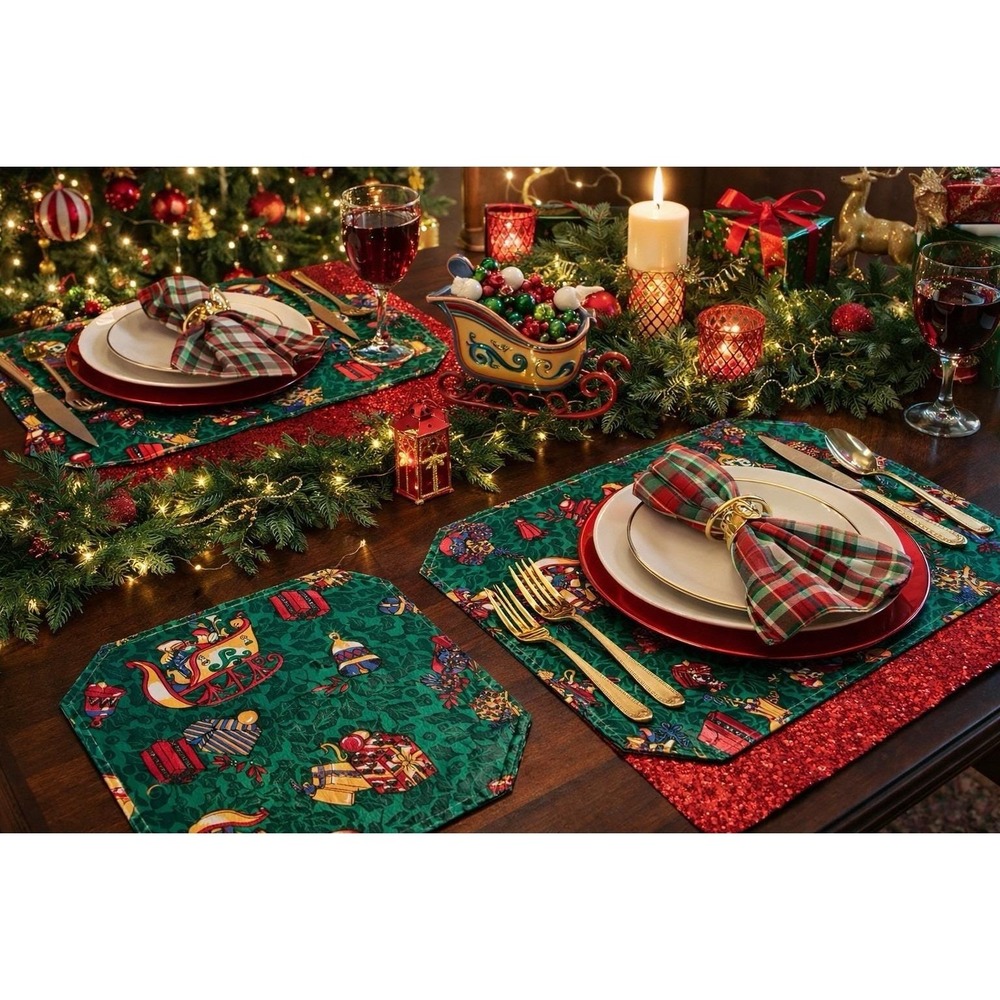 VTG Christmas Vinyl Placemats Set of 2 Sleigh Toys Holiday Retro Green 80s/90s